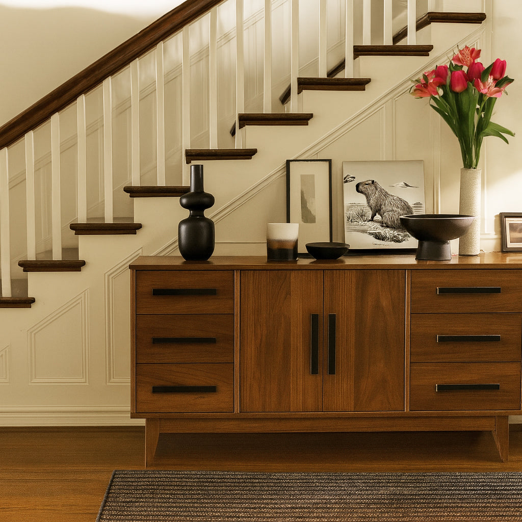 Wooden console table with decorative items in a home setting