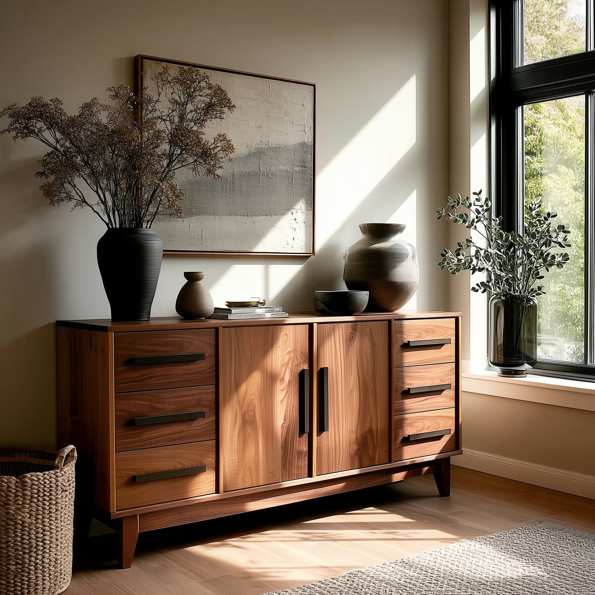 Wooden sideboard with decorative items in a room with sunlight streaming through a window.
