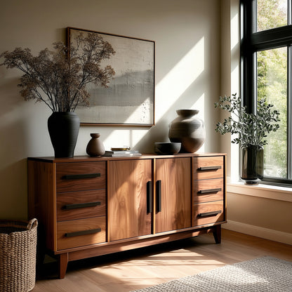 Wooden sideboard with decorative items in a room with sunlight streaming through a window.