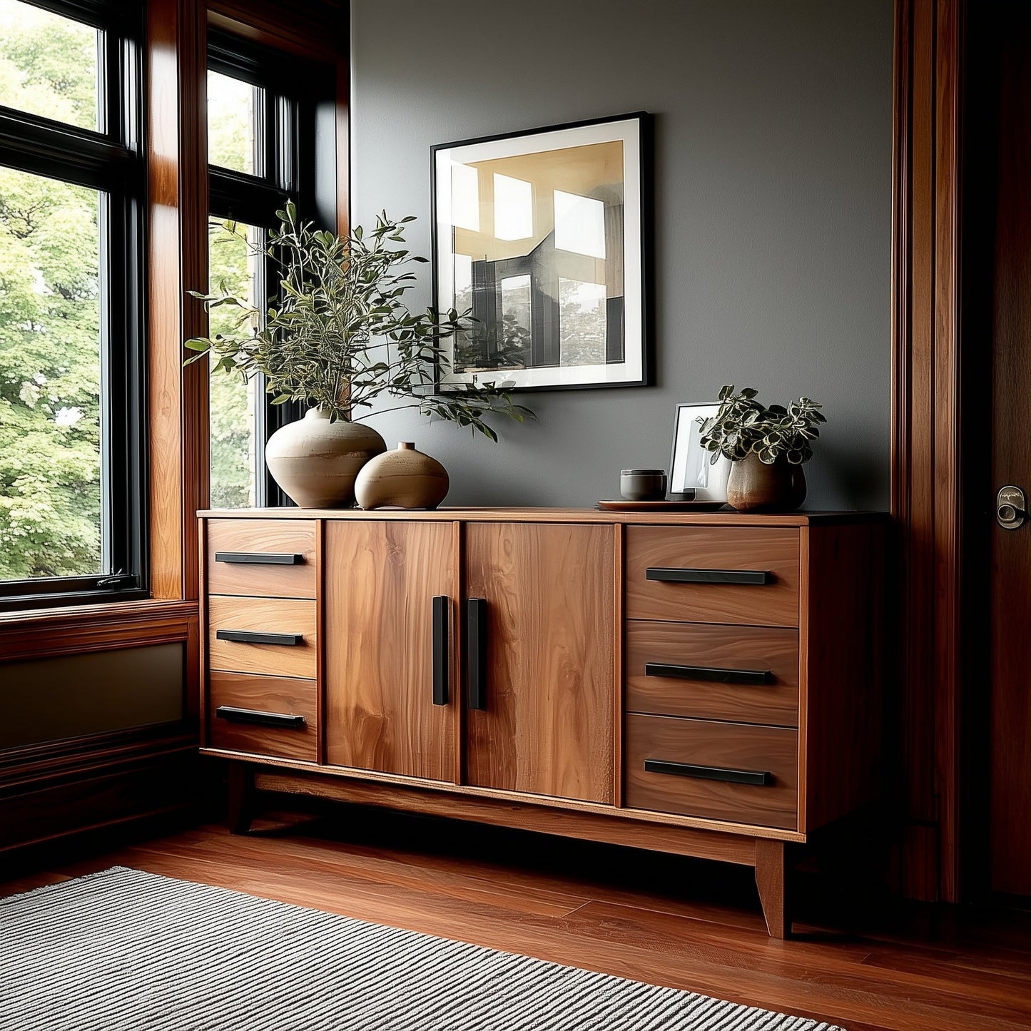 Wooden sideboard with decorative items in a room with large windows.