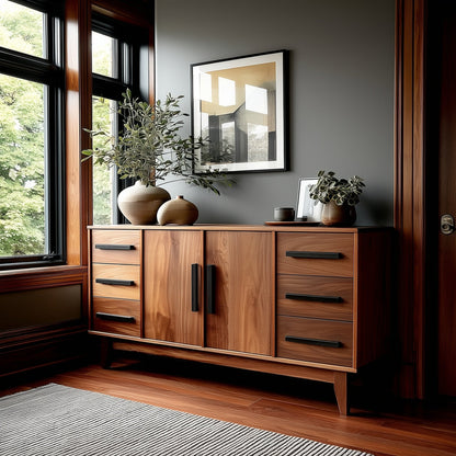 Wooden sideboard with decorative items in a room with large windows.