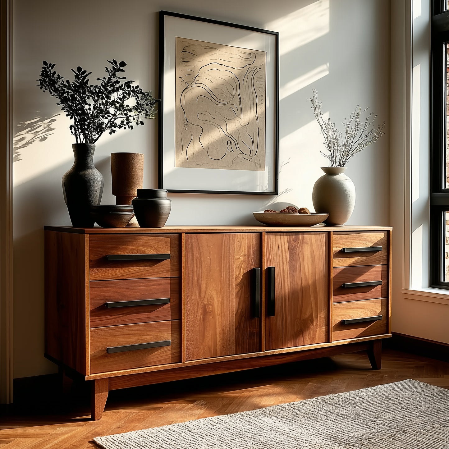 Wooden sideboard with decorative items in a room with sunlight streaming in
