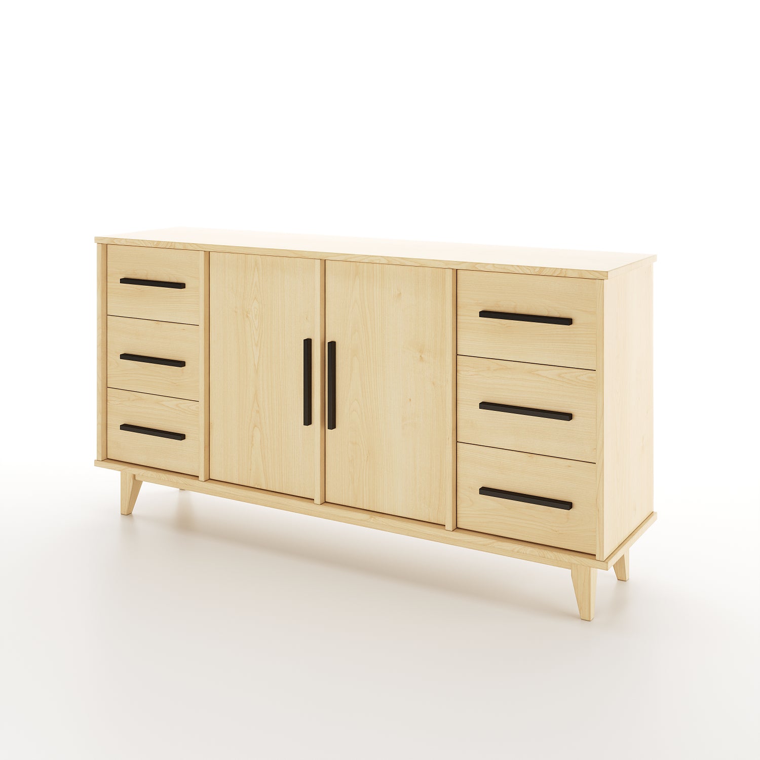 Angled view of a maple dining room buffet featuring 6 drawers and 2 doors on a white background