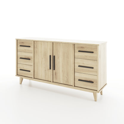 Angled view of an oak dining room buffet featuring 6 drawers and 2 doors on a white background