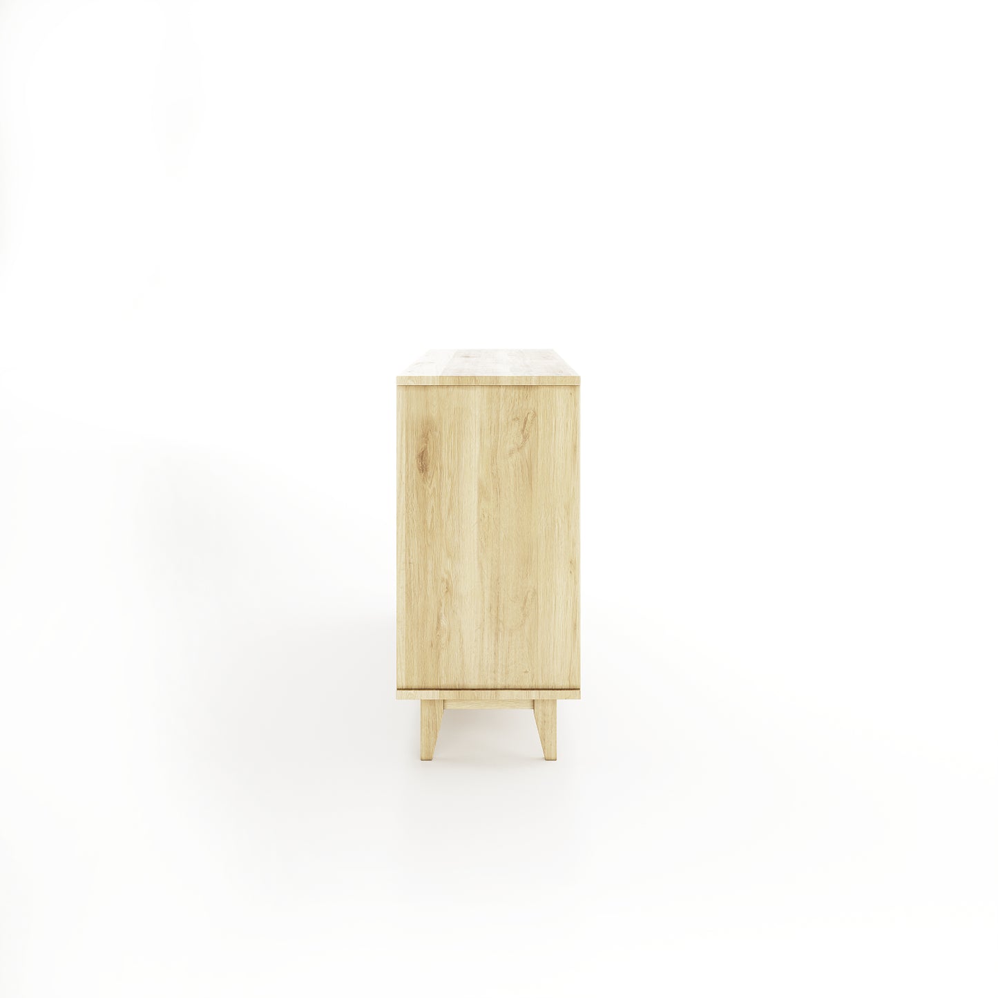 Side view of an oak dining room buffet featuring 6 drawers and 2 doors on a white background