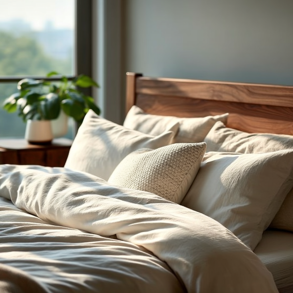 Neatly made bed with beige pillows and duvet in a room with a plant and window view.