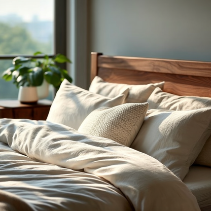 Neatly made bed with beige pillows and duvet in a room with a plant and window view.