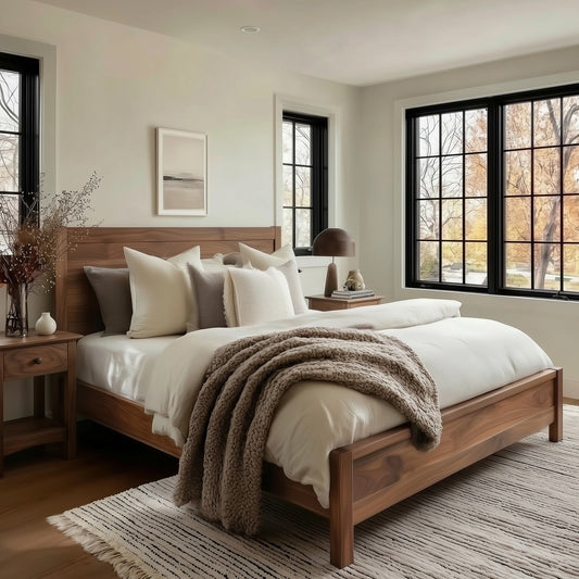 Neatly made bed with wooden headboard in a bedroom with large windows.