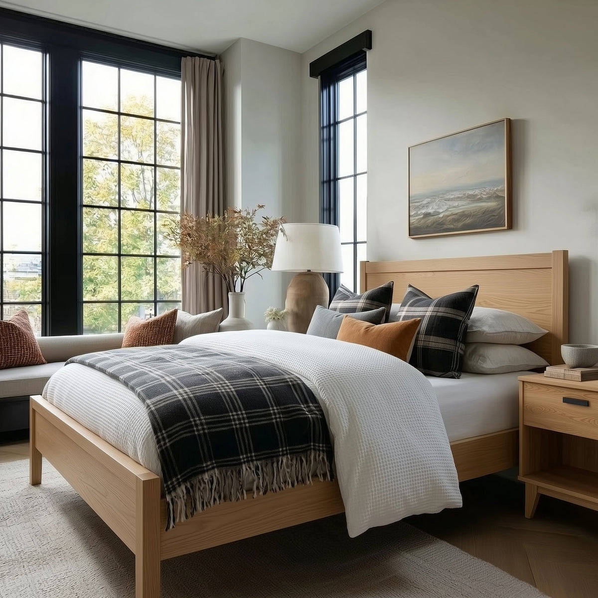 Modern bedroom with wooden bed, plaid blanket, and large windows.