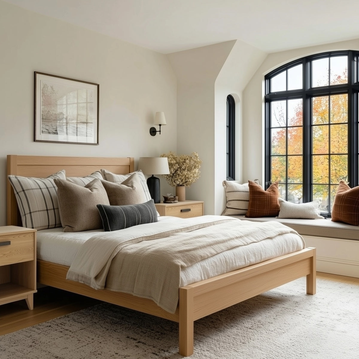 Neatly made bed with wooden headboard in a bright bedroom with large windows.