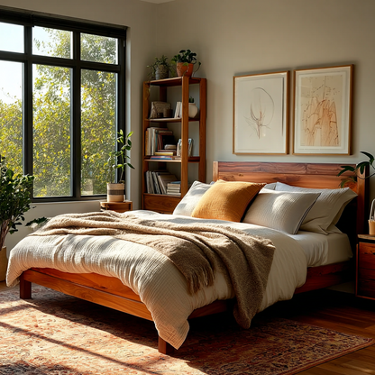A walnut brown bed frame with a wooden headboard and footboard, placed in a room with a light ambiance, decorated with beige and brown bedding, pillows, and a rug. There are also plants and artwork on the walls, and a bookshelf in the background.