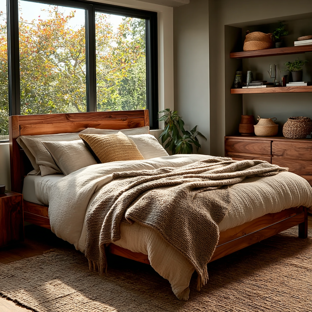 Moore Walnut Bed Frame Angle bright sun with lots of shadows