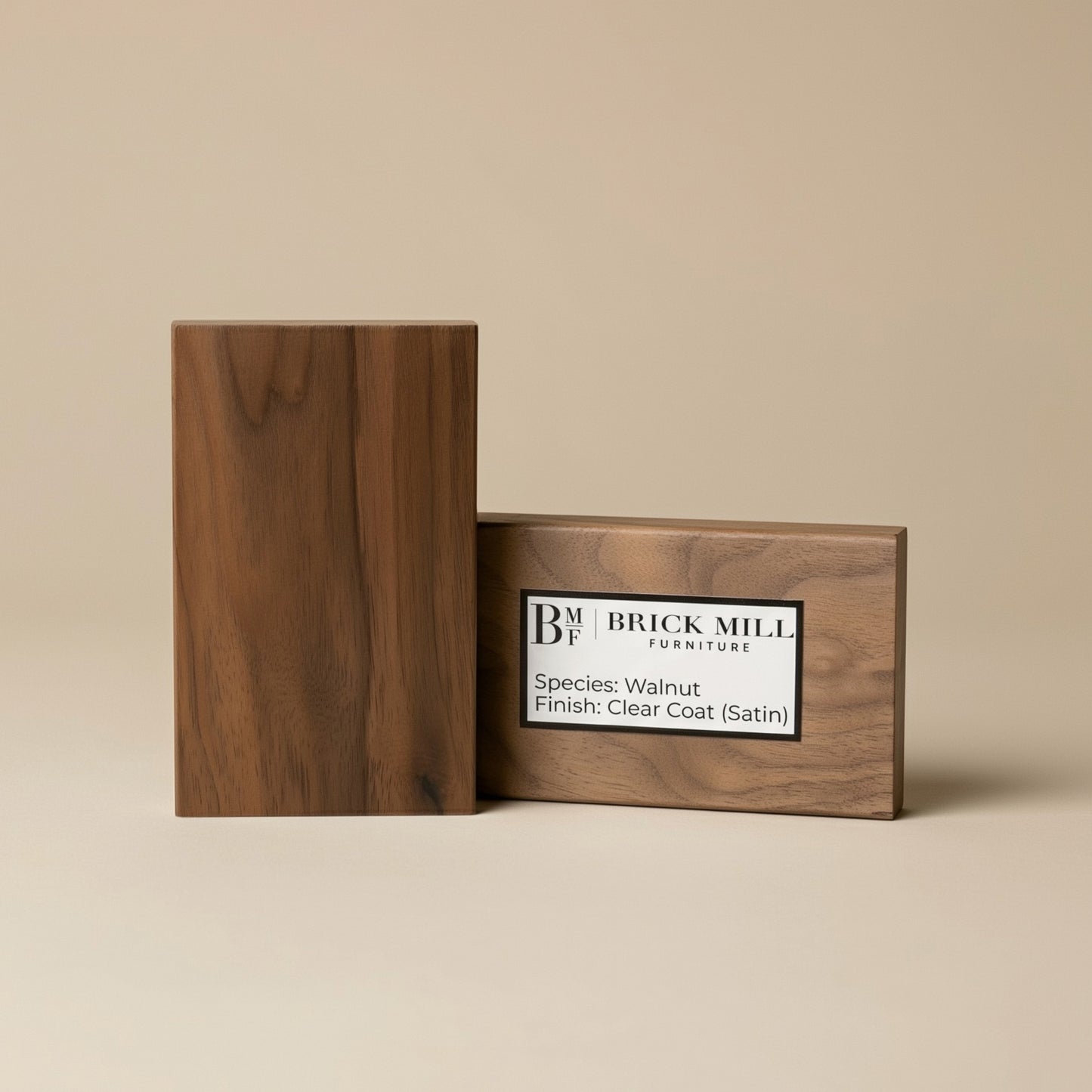 Wooden block with 'Brick Mill Furniture' label on a beige background