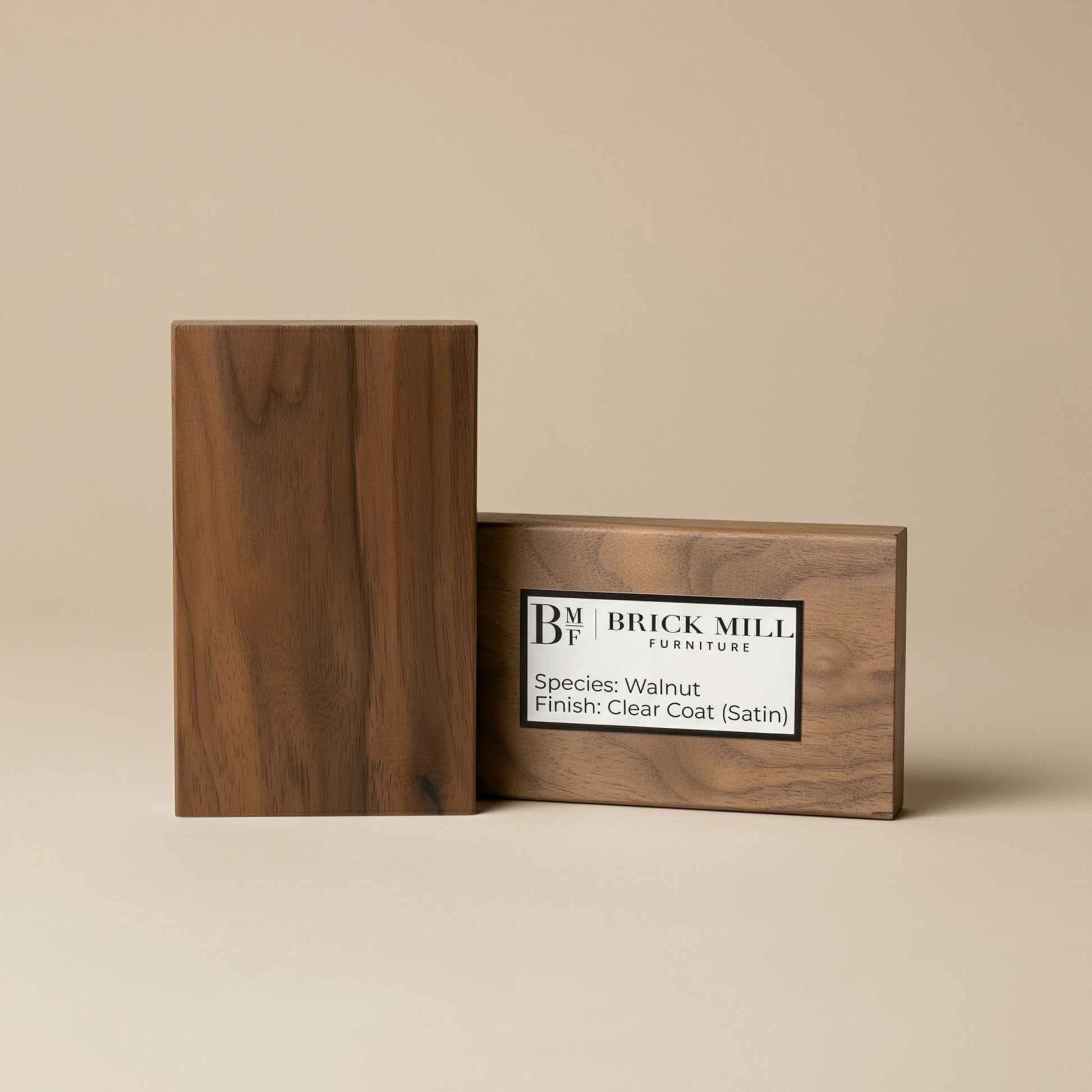 Wooden block with 'Brick Mill Furniture' label on a beige background