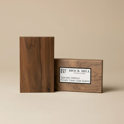 Wooden block with 'Brick Mill Furniture' label on a beige background