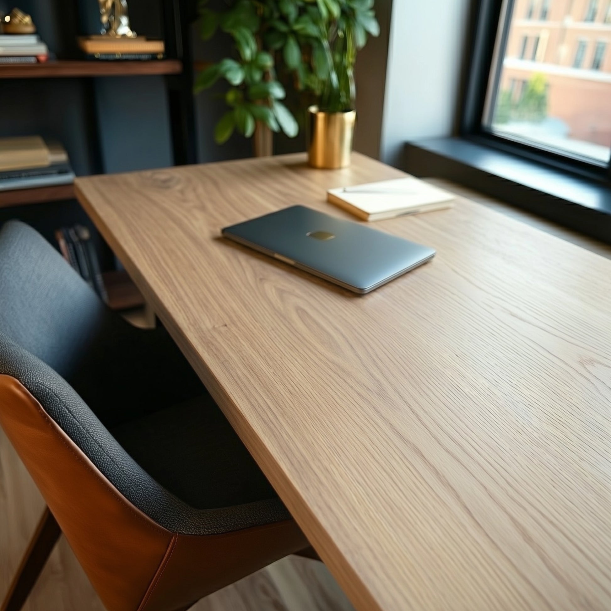 Top down view of a light colored wood desk in a home office next to a large window