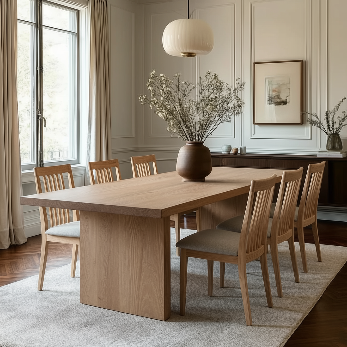 Dining room with wooden table and chairs, vase with flowers, and framed picture.