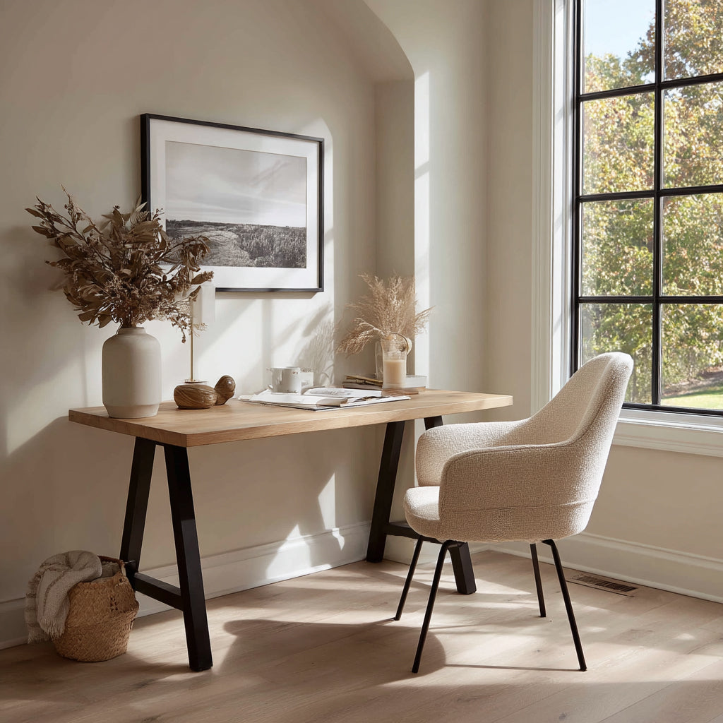 Home office with wooden desk, chair, and decorative elements near a window.
