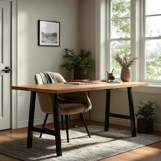 A sleek modern desk with a wooden top and black metal legs, situated in a well-lit room with a chair pulled up to it. Decorative items and a framed picture hang on the wall in the background.