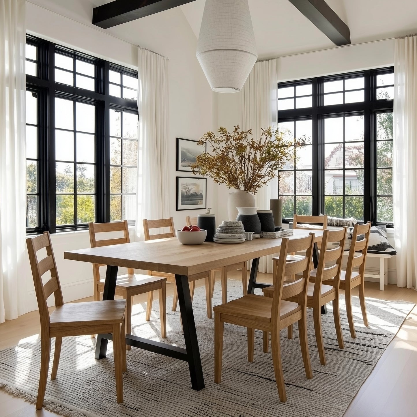 Dining room with wooden table and chairs, large windows, and decorative elements.