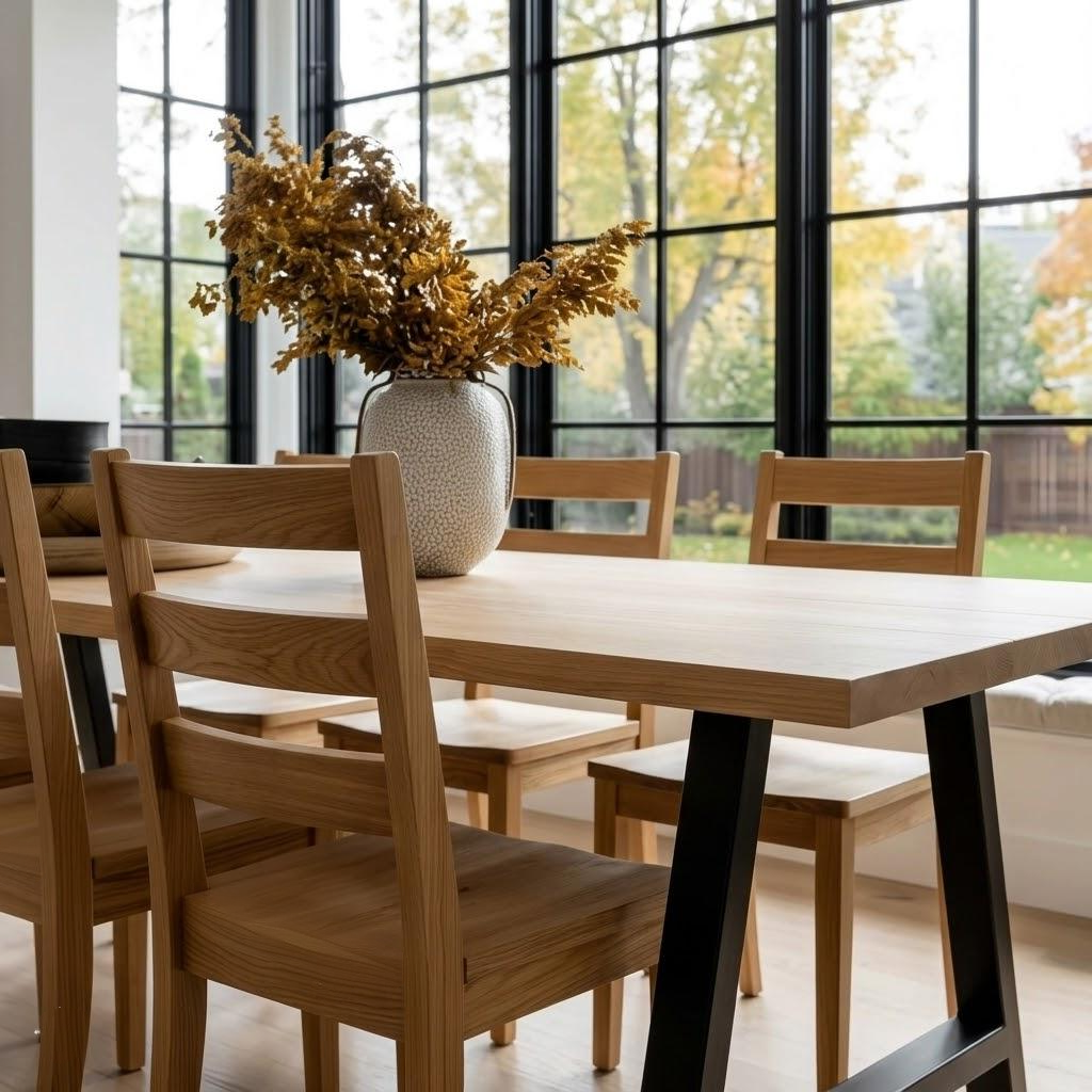 Dining room with wooden table and chairs, large windows, and decorative vase with branches.