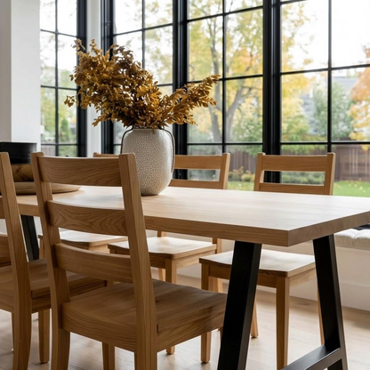 Dining room with wooden table and chairs, large windows, and decorative vase with branches.