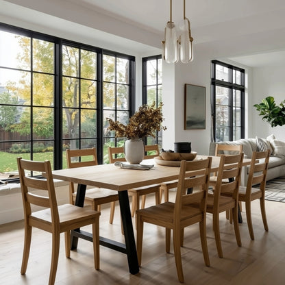 Modern dining room with wooden table and chairs, large windows, and a view of greenery outside.