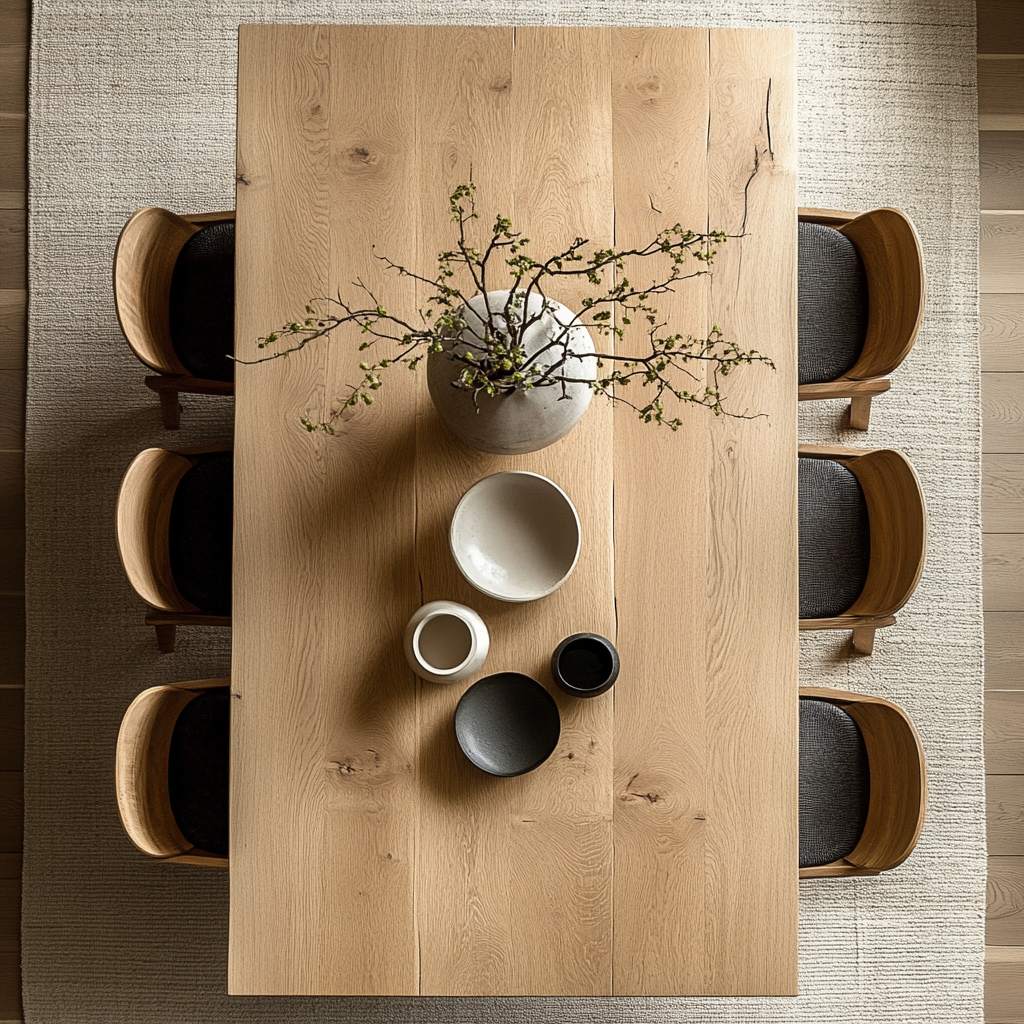 A well-appointed dining room featuring a large rectangular dining table with a wood finish, surrounded by light-colored chairs with metal legs. The room has a modern aesthetic with a straight-line design and a minimalist decor style.