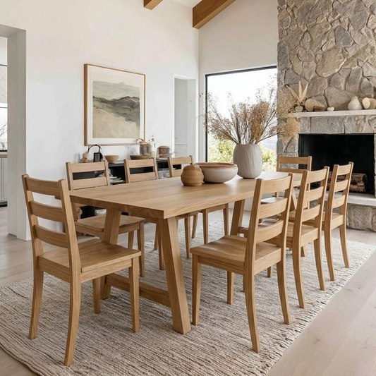 A light natural oak dining room set featuring a rectangular wooden table and eight matching ladder-back chairs, styled on a textured area rug in a bright, modern dining room with a stone fireplace.