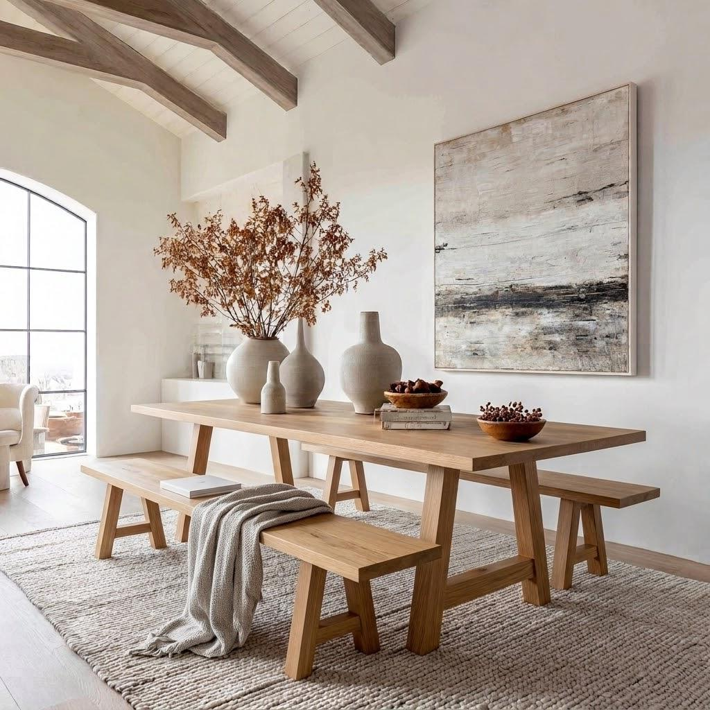 A light natural wood dining table with matching wooden benches, styled in a bright, modern minimalist dining room with neutral vases, dried branches, and a large abstract canvas painting on the wall.