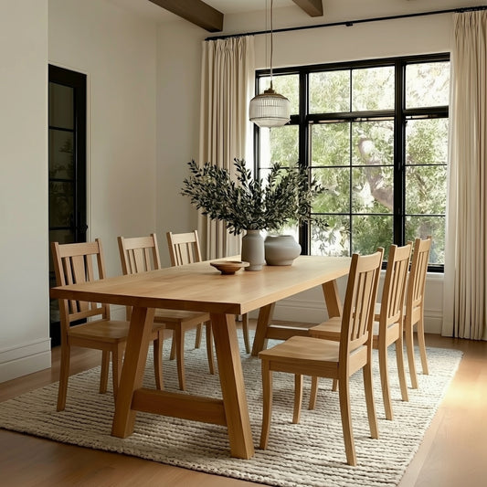 Dining room with wooden table and chairs near a large window.