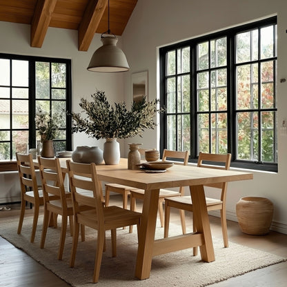 Dining room with wooden table and chairs, large windows, and decorative elements.