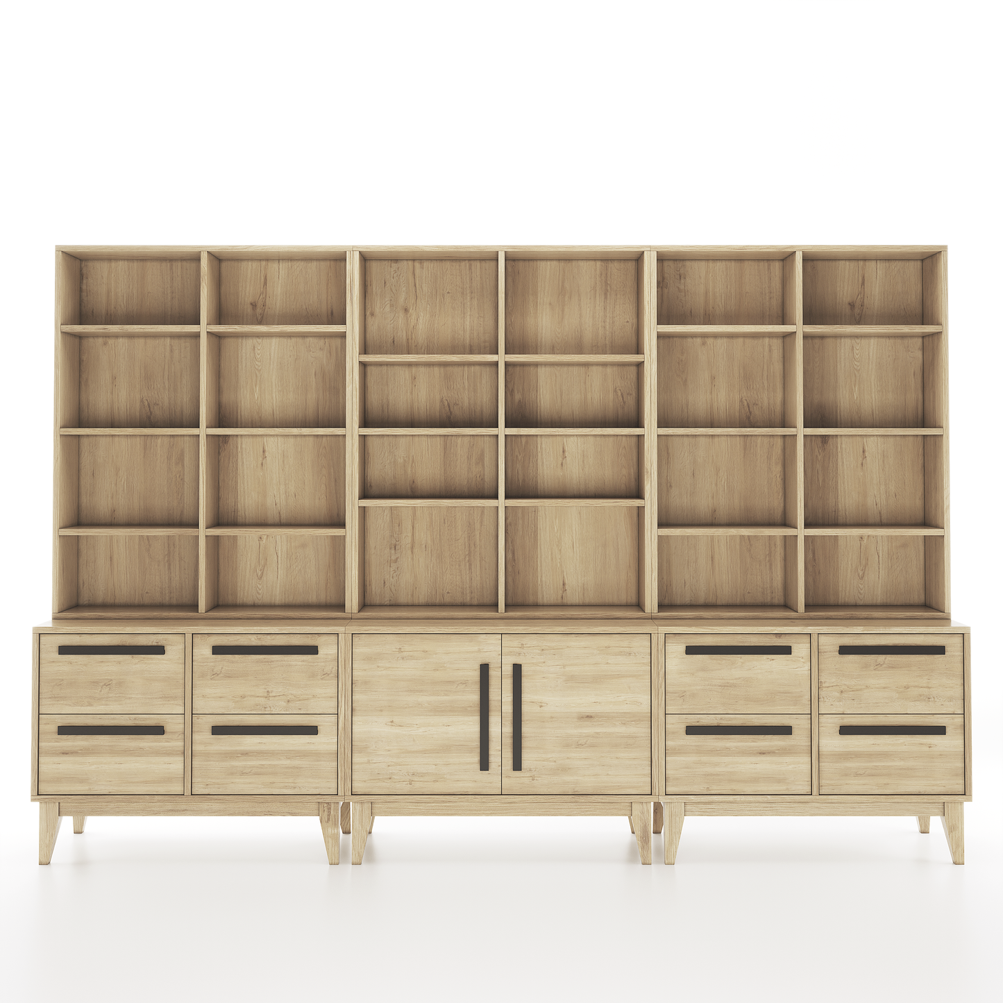 3 section oak bookcase with multiple shelves and drawers set on a white background