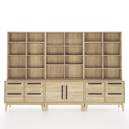 3 section oak bookcase with multiple shelves and drawers set on a white background