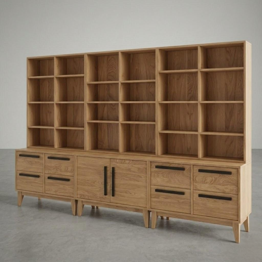Wooden bookshelf with multiple shelves and drawers on a gray background