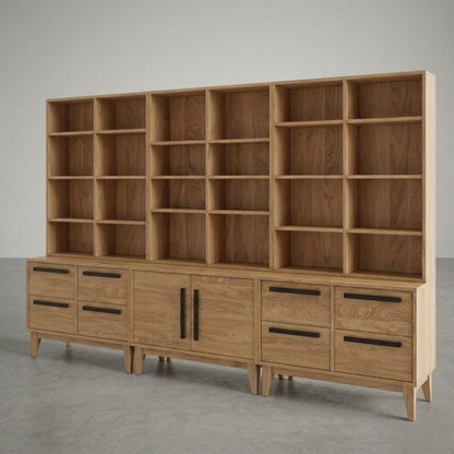 Wooden bookshelf with multiple shelves and drawers on a gray background