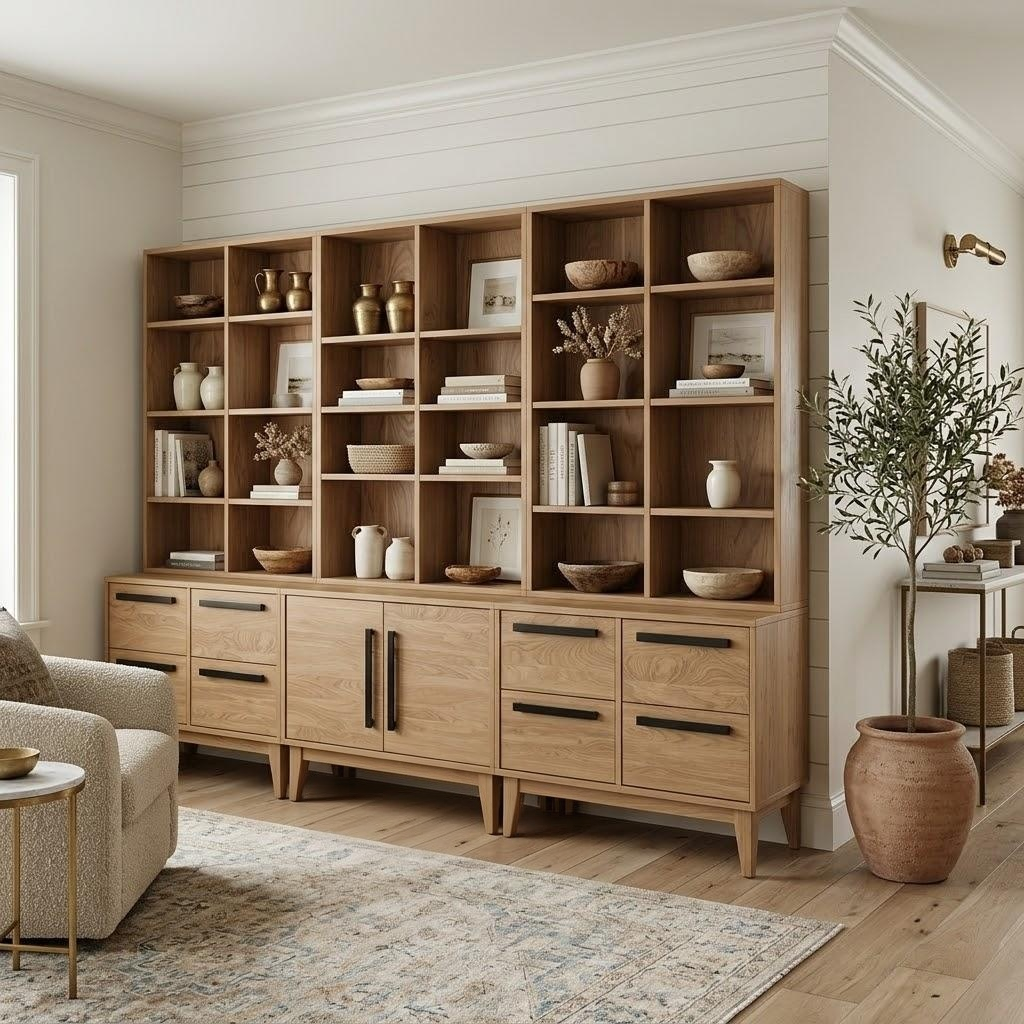 Wooden bookshelf with decorative items in a living room setting