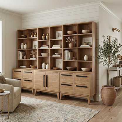 Wooden bookshelf with decorative items in a living room setting