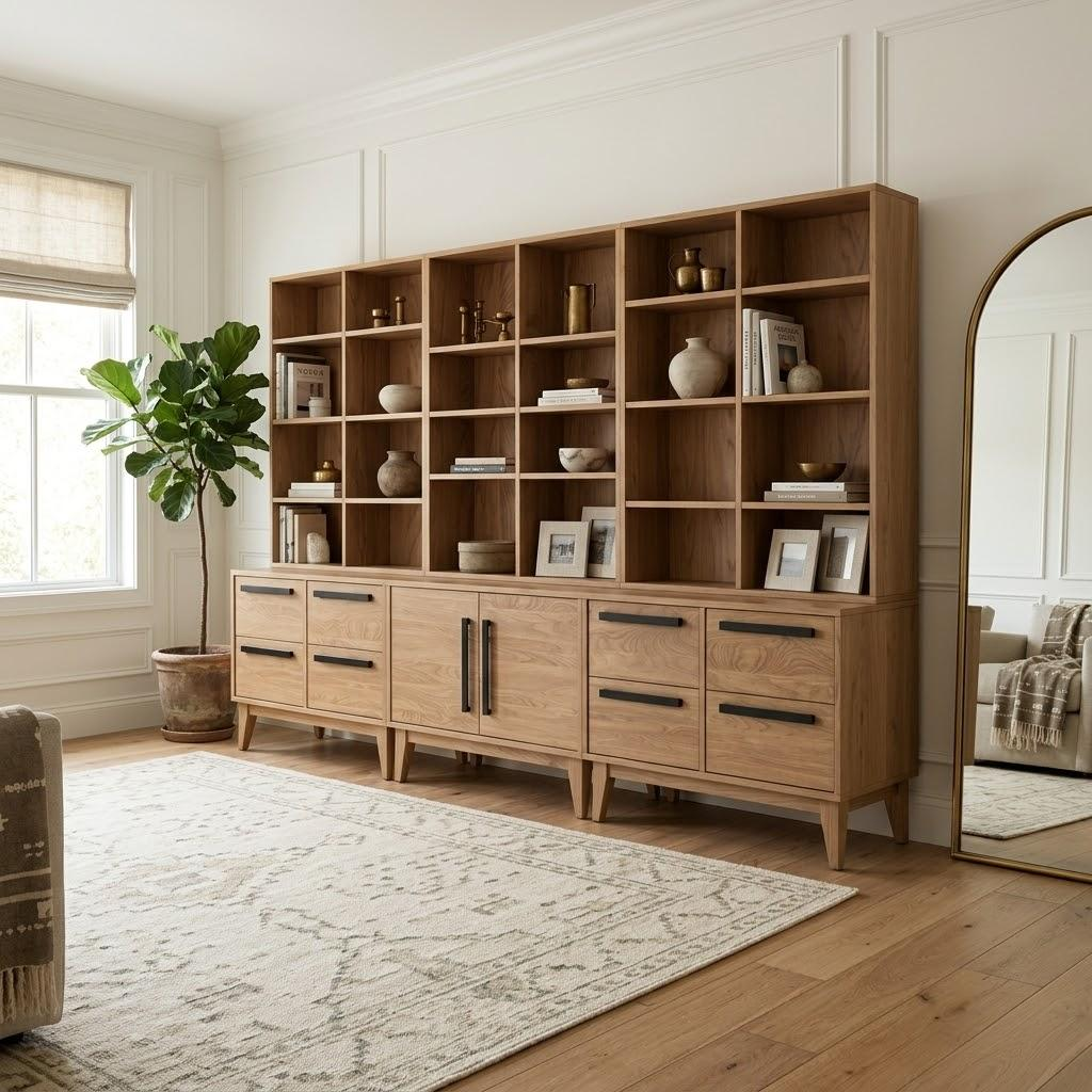 Wooden bookshelf with decorative items in a living room setting