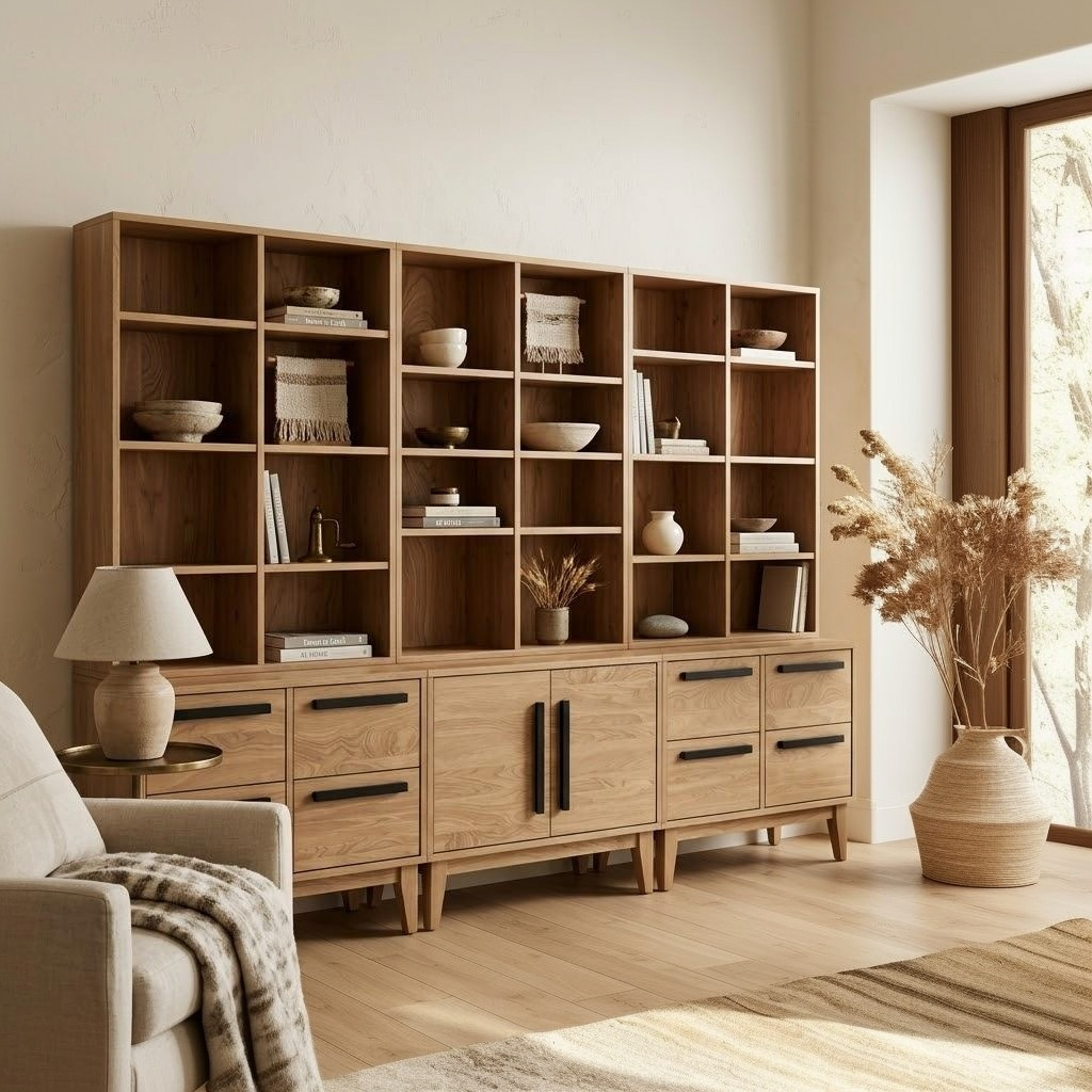 Wooden bookshelf with decorative items in a living room setting