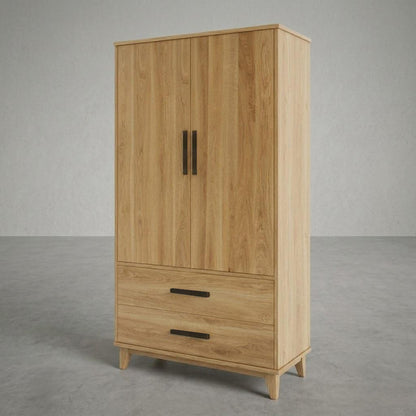 Wooden wardrobe with two doors and two drawers on a gray background