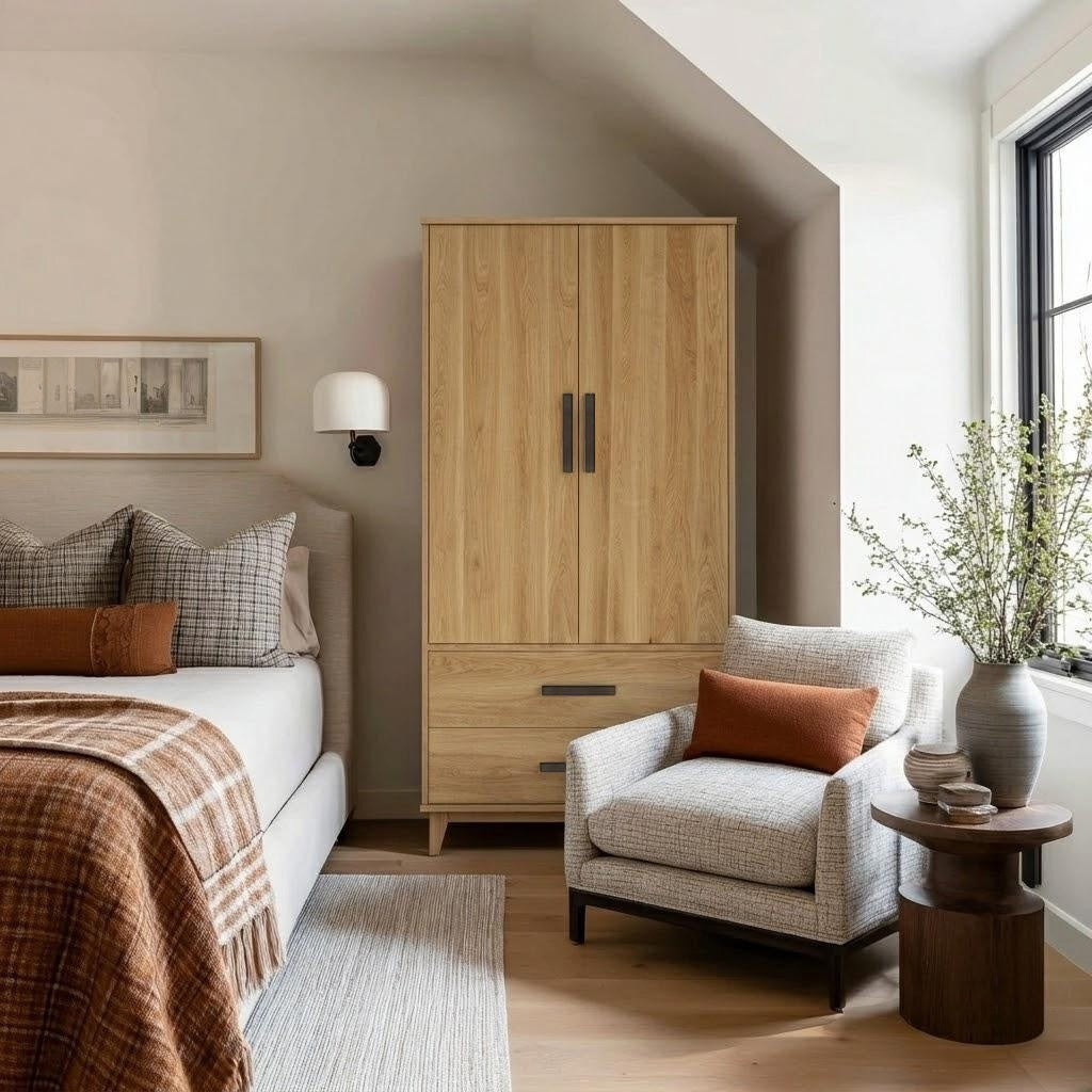 Modern bedroom with wooden wardrobe, bed, and armchair.