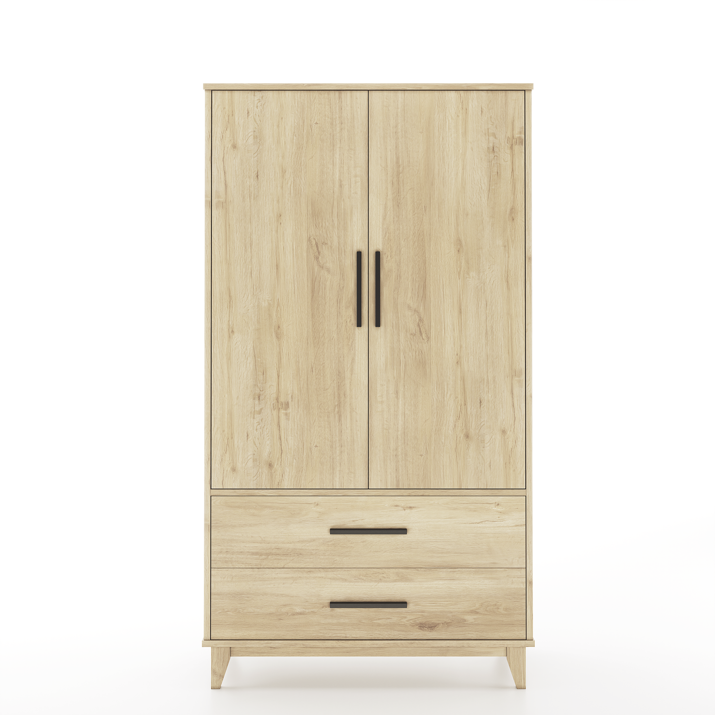 An armoire made of oak with 2 drawers and 2 doors on a white background