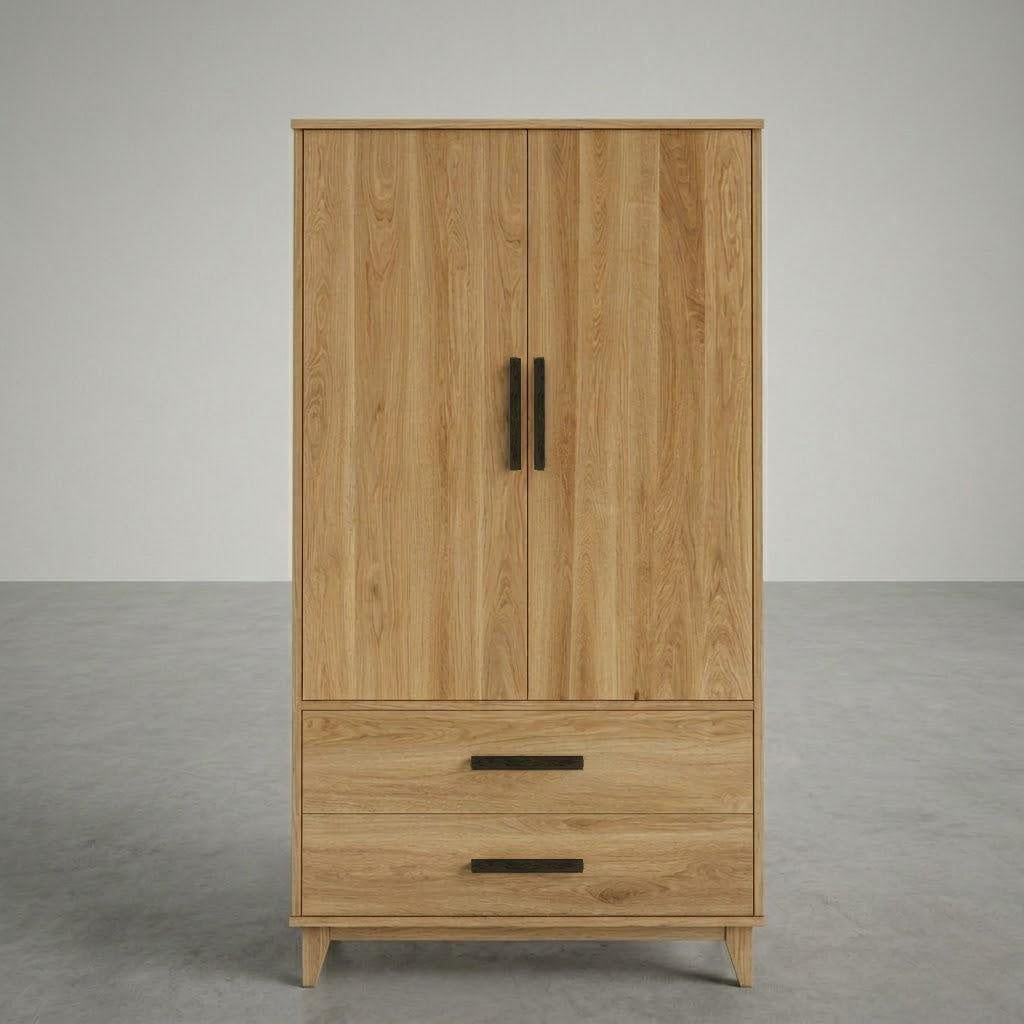Wooden wardrobe with two doors and a drawer on a plain background