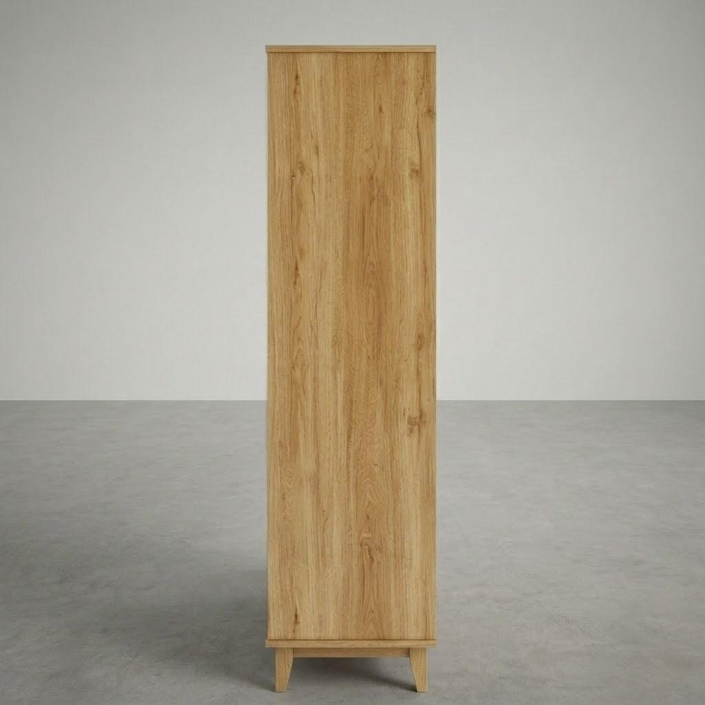 Tall wooden cabinet on a gray floor with a plain gray background