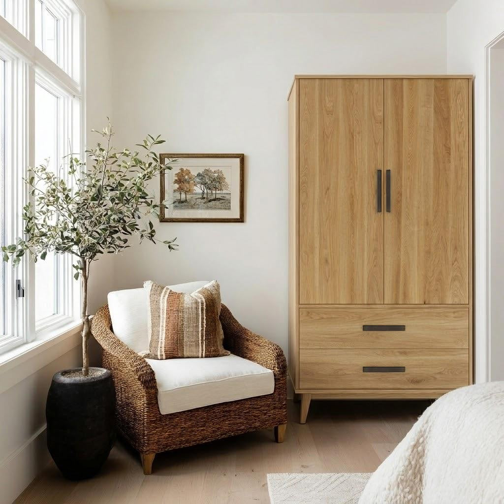 Wooden wardrobe next to a wicker chair with white cushions in a room with a window and plant.