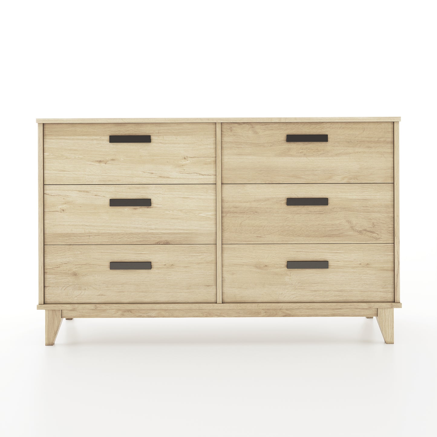 Wooden dresser with six drawers on a white background