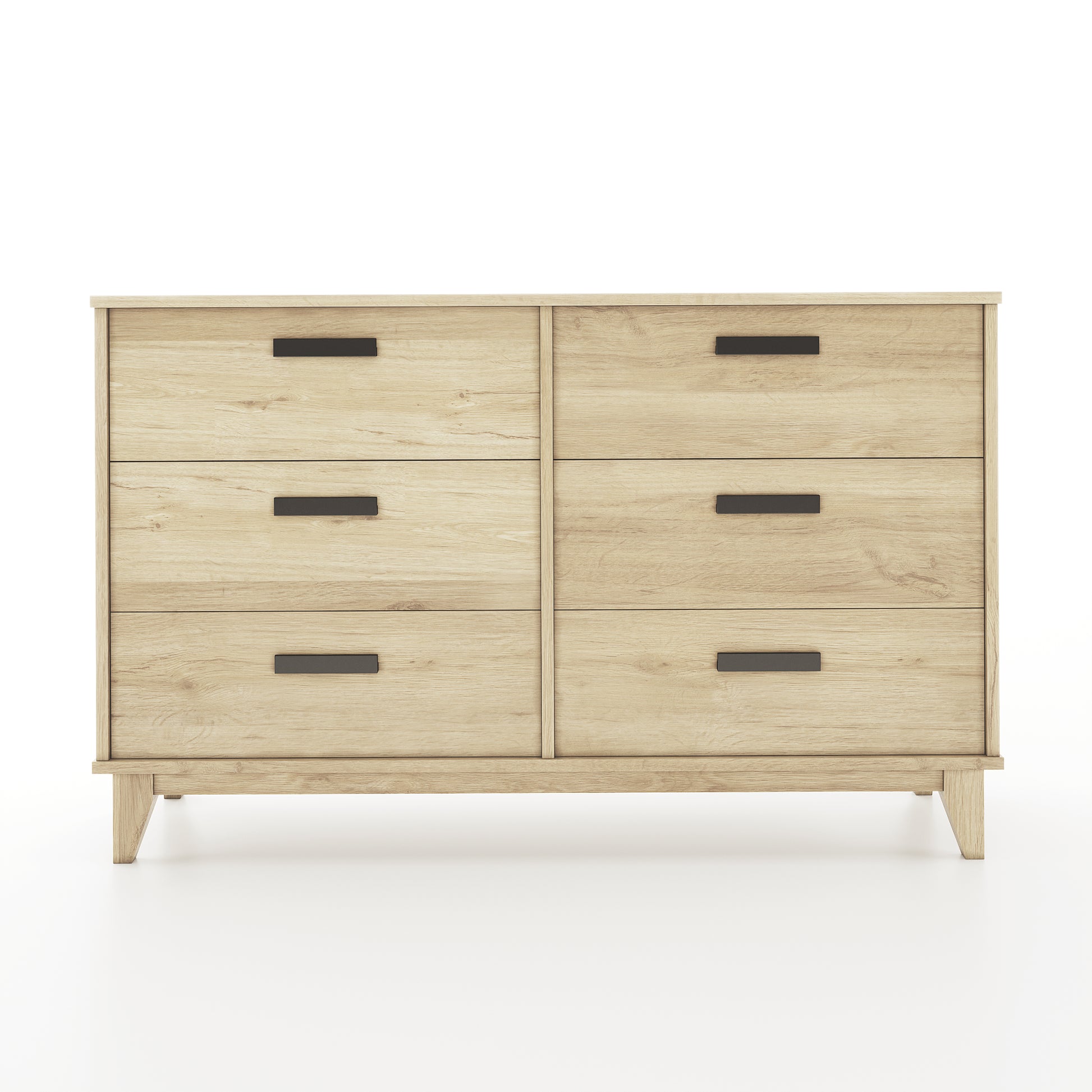 Wooden dresser with six drawers on a white background