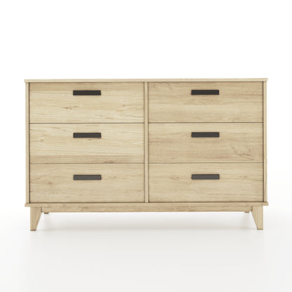 Wooden dresser with six drawers on a white background