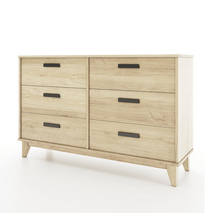 Wooden dresser with six drawers on a white background
